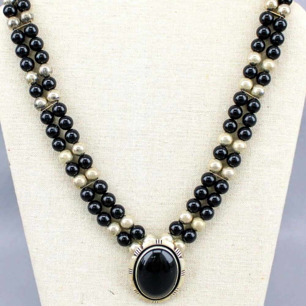 VTG 1995 Sterling Silver Black Onyx Multi Strand Bead Necklace Pendant 20" FS